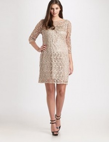 Amazing lace, a feminine design with delicately woven metallic yarn, stunning sequins and a head-turning silhouette. Round neckThree-quarter sleevesPlunging v backBack zipperFully linedAbout 22 from natural waist97% polyester/3% spandexDry cleanImported Amazing lace, a feminine design with delicately woven metallic yarn, stunning sequins and a head-turning silhouette. Round neckThree-quarter sleevesPlunging v backBack zipperFully linedAbout 22 from natural waist97% polyester/3% spandexDry cleanImported
