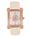 Everything is coming up roses with this romantic watch by Betsey Johnson on your wrist. White patent leather strap and rectangular rose-gold tone stainless steel case encrusted with crystal accents. White mother-of-pearl dial features large crystal-accented rose graphic, rose-gold tone numerals at twelve, three, six and nine o'clock, stick indices, rose-gold tone hour and minute hands, signature fuchsia second hand and logo. Quartz movement. Two-year limited warranted.