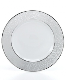 Clean and cool with an understated elegance, Mikasa's Parchment fine china dinnerware and dishes collection features a soft gray border embellished by an intricate scroll design. Accented by inner and outer borders of platinum. Dishwasher safe. Clean and cool with an understated elegance, Mikasa's Parchment fine china dinnerware and dishes collection features a soft gray border embellished by an intricate scroll design. Accented by inner and outer borders of platinum. Dishwasher safe.