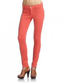 THE LOOKColored medium weight denimNarrow waistband with belt loops and logo button closureFront zipperFront mock pocketsSkinny legBack patch pocketsTHE FITRise, about 7Inseam, about 26THE MATERIAL81% cotton/17% lycra/2% elastaneCARE & ORIGINMachine washMade in USAModel shown is 5'10 (177cm) wearing US size 4. THE LOOKColored medium weight denimNarrow waistband with belt loops and logo button closureFront zipperFront mock pocketsSkinny legBack patch pocketsTHE FITRise, about 7Inseam, about 26THE MATERIAL81% cotton/17% lycra/2% elastaneCARE & ORIGINMachine washMade in USAModel shown is 5'10 (177cm) wearing US size 4.