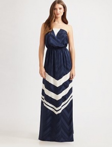 This gorgeous strapless silhouette merges tonal and contrast chevron stripes on a floor-sweeping silk sheath.StraplessBlouson bodiceElastic waistbandAbout 45 from natural waistSilkDry cleanImportedModel shown is 5'9 (175cm) wearing US size Small. This gorgeous strapless silhouette merges tonal and contrast chevron stripes on a floor-sweeping silk sheath.StraplessBlouson bodiceElastic waistbandAbout 45 from natural waistSilkDry cleanImportedModel shown is 5'9 (175cm) wearing US size Small.
