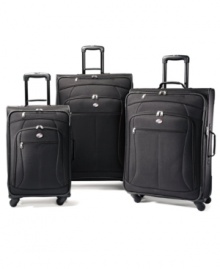Hit the bright spot! Here's a fresh approach to taking a trip-this comprehensive collection features three single wheel spinners that roll with the punches of travel by packing in even more and taking the stress and strain out of leading your luggage through busy terminals. Each just bright bag adds a pop of serious color for a new perspective on taking flight. Hit the bright spot! Here's a fresh approach to taking a trip-this comprehensive collection features three single wheel spinners that roll with the punches of travel by packing in even more and taking the stress and strain out of leading your luggage through busy terminals. Each just bright bag adds a pop of serious color for a new perspective on taking flight.