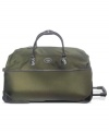 The versatility of this durable rolling duffel is unmatched.  Simply swing over your arm or effortlessly maneuver this bag on its two spinner wheels for convenient travel that leaves no detail behind. The rear compartment zipper lets you stash away last minute necessities, so you're always prepared. 2-year warranty.