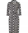 A flattering, feminine cut and an eye-catching chain link graphic print make Steffen Schrauts silk dress a major must this season - Chic in an of the moment cream and black color combo -  Slim, retro cool wrap style silhouette with belted tie waist - Elbow-length bell sleeves and deep v-neck - Pencil skirt hits at knee - Seamlessly transitions from day to evening and perfect for pairing with platform or classic pumps