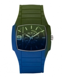 The shy need not apply. Flaunt your adventurous side with this bold watch by Diesel. Blue and green silicone-wrapped stainless steel bracelet and square case. Black dial covered with faded blue and green crystal features applied stick indices, numeral at nine o'clock, three hands and logo. Quartz movement. Water resistant to 30 meters. Two-year limited warranty. The shy need not apply. Flaunt your adventurous side with this bold watch by Diesel. Blue and green silicone-wrapped stainless steel bracelet and square case. Black dial covered with faded blue and green crystal features applied stick indices, numeral at nine o'clock, three hands and logo. Quartz movement. Water resistant to 30 meters. Two-year limited warranty.