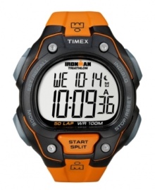 On your mark, get set, go. Sport watch by Timex crafted of orange resin strap and round black plastic case. Positive digital display dial features time, day, date and Indiglo night light. Quartz movement. Water resistant to 100 meters. One-year limited warranty.