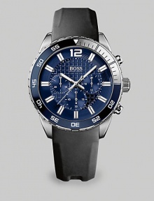 A dynamic sport watch, the Deep Blue collection uses all the codes of a diving inspired watch. This watch also features all the functions of a genuine chronograph with a rotating bezel with 15 minutes diving security highlighted with luminova. The unique integrated rubber coated leather strap ensures comfort and durability.Chronograph movementRound bezelWater resistant to 10ATMSecond handStainless steel case: 44mm(1.73)Rubber coated strap braceletImported