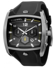 A thoroughly modern watch, with timeless functionality, from Diesel. Black silicone strap and square stainless steel case, 54x47mm. Black chronograph dial features three subdials, date window, logo and stick indices. Quartz movement. Water resistant to 100 meters. Two-year limited warranty.