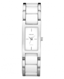 Put tradition aside and go bold with this icy watch by DKNY. Stainless steel bracelet with center links of white ceramic and rectangular case. White dial features silver tone stick indices at twelve, three, six and nine o'clock, three hands and logo. Quartz movement. Water resistant to 50 meters. Two-year limited warranty. Put tradition aside and go bold with this icy watch by DKNY. Stainless steel bracelet with center links of white ceramic and rectangular case. White dial features silver tone stick indices at twelve, three, six and nine o'clock, three hands and logo. Quartz movement. Water resistant to 50 meters. Two-year limited warranty.