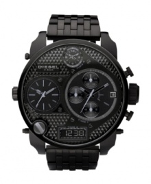 By the dark of night. Watch by Diesel crafted of black ion-plated stainless steel bracelet and round case, 65x57mm. Textured black chronograph dial features three analog display subdials, date window, logo plate and negative display digital window. Quartz movement. Water resistant to 50 meters. Two-year limited warranty. By the dark of night. Watch by Diesel crafted of black ion-plated stainless steel bracelet and round case, 65x57mm. Textured black chronograph dial features three analog display subdials, date window, logo plate and negative display digital window. Quartz movement. Water resistant to 50 meters. Two-year limited warranty.