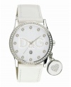 A pretty, pale silvertone and white watch from D&G dresses up everyday looks or evening outfits. White leather strap and round stainless steel case. Crystal-accented bezel and attached silvertone charm. White dial with D&G logo and crystal-accented indices. Quartz movement. Water resistant to 30 meters. Two-year limited warranty.