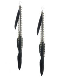 Sleek and sophisticated. A long, linear chain design complemented by feather accents lends a chic, contemporary look to these Haskell earrings. Set in hematite tone mixed metal. Approximate drop: 8 inches. Sleek and sophisticated. A long, linear chain design complemented by feather accents lends a chic, contemporary look to these Haskell earrings. Set in hematite tone mixed metal. Approximate drop: 8 inches.