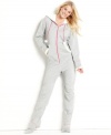 Super soft warmth from head to toe. Jenni's French Terry footie pajamas feature contrasting pink stitching on the cuffs, sleeves, and ankles and a contrasting pink zipper. The attached feet have grippers at the sole.