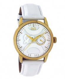 Spell it out. Your love for D&G is right on time with this chic watch. White leather strap and round gold ion-plated stainless steel case. White dial features gold tone stick indices, minute track, date subdial at three o'clock, three gold tone hands and large applied logo at length of center. Quartz movement. Water resistant to 30 meters. Limited lifetime warranty. Spell it out. Your love for D&G is right on time with this chic watch. White leather strap and round gold ion-plated stainless steel case. White dial features gold tone stick indices, minute track, date subdial at three o'clock, three gold tone hands and large applied logo at length of center. Quartz movement. Water resistant to 30 meters. Limited lifetime warranty.