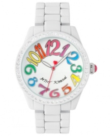 Every color of the rainbow. This bright and cheery Betsey Johnson watch flaunts big numerals at the fresh white dial. Every color of the rainbow. This bright and cheery Betsey Johnson watch flaunts big numerals at the fresh white dial.