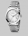 From the Timeless Collection. A stainless steel design is set with silver diamond-pattern dial in a timeless look of elegance. Ronda quartz 1042 movement Water-resistant to 3ATM Steel-polished case, 38mm, (1½) Scratch-resistant sapphire crystal face Markers Second hand Date display at 4 o'clock Jewelry clasp Made in Switzerland 