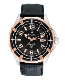Bulova defines luxury with this Marine Star collection watch. Black croc-embossed leather strap and round stainless steel case with rose-gold tone accents at bezel. Textured black dial features applied rose-gold tone numerals, stick indices, date window at three o'clock, three luminous hands and logo. Quartz movement. Water resistant to 100 meters. Three-year limited warranty. Bulova defines luxury with this Marine Star collection watch. Black croc-embossed leather strap and round stainless steel case with rose-gold tone accents at bezel. Textured black dial features applied rose-gold tone numerals, stick indices, date window at three o'clock, three luminous hands and logo. Quartz movement. Water resistant to 100 meters. Three-year limited warranty.