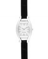 Go back to basics with this classic design, by Nine West. Crafted of textured black leather strap and cushion-shaped silver tone mixed metal case. Silver tone dial with swirling design features silver tone applied stick indices, numerals at twelve and six o'clock, silver tone hour and minute hands, sweeping second hand and logo at six o'clock. Quartz movement. Limited lifetime warranty.