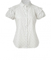 With its sweet round collar and playful puffed sleeves, Valentino R.E.D.s ladybug print blouse is a fun way to dress up your chic daytime looks - Round collar, puffed short sleeve with smocked shoulders, button-down front, shirttail hemline - Tailored fit - Wear with a flouncy skirt and bright leather ballerinas With its sweet round collar and playful puffed sleeves, Valentino R.E.D.s ladybug print blouse is a fun way to dress up your chic daytime looks - Round collar, puffed short sleeve with smocked shoulders, button-down front, shirttail hemline - Tailored fit - Wear with a flouncy skirt and bright leather ballerinas