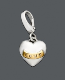 Add a little love to your look with this cute heart charm. Crafted in sterling silver, heart features a 14k gold banner with the word love engraved on it. Lobster claw clasp. Approximate drop: 1 inch. Add a little love to your look with this cute heart charm. Crafted in sterling silver, heart features a 14k gold banner with the word love engraved on it. Lobster claw clasp. Approximate drop: 1 inch.