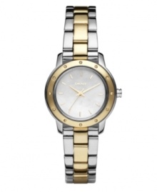 From corporate to casual, this watch by DKNY is always classic. Two-tone stainless steel bracelet and round case with gold tone bezel embellished by crystal accents. Sleek mother-of-pearl dial features gold tone stick indices, three hands and logo. Quartz movement. Water resistant to 30 meters. Two-year limited warranty.