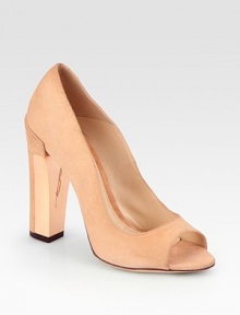 Low-cut suede silhouette with a chunky mixed-media heel and timeless peep toe. Suede and metal-covered heel, 4½ (115mm)Suede upperLeather liningBuffed leather solePadded insoleImportedOUR FIT MODEL RECOMMENDS ordering one size up as this style runs small. Low-cut suede silhouette with a chunky mixed-media heel and timeless peep toe. Suede and metal-covered heel, 4½ (115mm)Suede upperLeather liningBuffed leather solePadded insoleImportedOUR FIT MODEL RECOMMENDS ordering one size up as this style runs small.