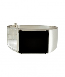 Punctuate your fashion-forward looks with this intricately crafted modernist mixed-media bracelet from Maison Martin Margiela - Black polished insert on front, partial silver-toned/clear band, logo engraved on the inside - Hinge closure with pin lock - Wear with pushed-up pullover sleeves, or as a statement finish to streamlined cocktail sheaths