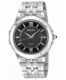 Refine your everyday style with this textured dial watch from Seiko. Silvertone stainless steel bracelet and round case. Black textured dial with logo, date window and stick and roman numeral indices. Quartz movement. Water resistant to 50 meters. Three-year limited warranty. Refine your everyday style with this textured dial watch from Seiko. Silvertone stainless steel bracelet and round case. Black textured dial with logo, date window and stick and roman numeral indices. Quartz movement. Water resistant to 50 meters. Three-year limited warranty.