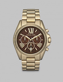 A distinguished timepiece in goldtone stainless steel with a technical chronograph dial. Quartz movementWater resistant to 10 ATMRound goldton stainless steel case, 43mm (1.7)Smooth bezelBrown chronograph dialRoman numeral and bar hour markersDate display at 6 o'clockSecond hand Goldtone stainless steel link braceletImported A distinguished timepiece in goldtone stainless steel with a technical chronograph dial. Quartz movementWater resistant to 10 ATMRound goldton stainless steel case, 43mm (1.7)Smooth bezelBrown chronograph dialRoman numeral and bar hour markersDate display at 6 o'clockSecond hand Goldtone stainless steel link braceletImported
