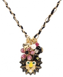 Wildly wearable. Betsey Johnson's chic charm pendant features a yellow enamel lion with crystal accents, a pink glitter flower, flower and bubble heart charms, glass pearls and a small pink crystal accent. Set in gold tone mixed metal with threaded black detailing. Approximate length: 16 inches + 3-inch extender. Approximate drop: 1-1/2 inches. Wildly wearable. Betsey Johnson's chic charm pendant features a yellow enamel lion with crystal accents, a pink glitter flower, flower and bubble heart charms, glass pearls and a small pink crystal accent. Set in gold tone mixed metal with threaded black detailing. Approximate length: 16 inches + 3-inch extender. Approximate drop: 1-1/2 inches.