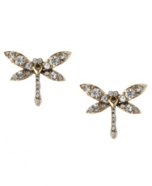 Winged wonder, by Betsey Johnson. These stud earrings feature sparkling, round-cut crystals in antique gold tone mixed metal. Approximate width: 3/4 inches. Winged wonder, by Betsey Johnson. These stud earrings feature sparkling, round-cut crystals in antique gold tone mixed metal. Approximate width: 3/4 inches.