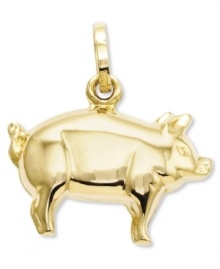 Humble and gracious, the pig is an endearing symbol meant to be cherished. Rendered in 14k gold, this pig charm is sure to be a lasting keepsake upon any chain. Chain not included. Approximate drop length: 3/5 inch. Approximate drop width: 3/5 inch. Humble and gracious, the pig is an endearing symbol meant to be cherished. Rendered in 14k gold, this pig charm is sure to be a lasting keepsake upon any chain. Chain not included. Approximate drop length: 3/5 inch. Approximate drop width: 3/5 inch.