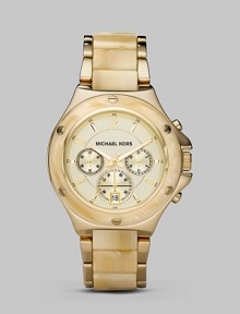 Classic with an edge, shiny gold stainless steel and horn acetate combine to create this divinely textural timepiece.Quartz movement Water resistant to 5 ATM Goldplated stainless steel case, 42mm (1.65) Screw-accented bezel Champagne dial Arabic numeral and index hour markers Three chronograph sub dials Date display at 6 o'clock Second hand Gold stainless steel and horn acetate link bracelet Imported Classic with an edge, shiny gold stainless steel and horn acetate combine to create this divinely textural timepiece.Quartz movement Water resistant to 5 ATM Goldplated stainless steel case, 42mm (1.65) Screw-accented bezel Champagne dial Arabic numeral and index hour markers Three chronograph sub dials Date display at 6 o'clock Second hand Gold stainless steel and horn acetate link bracelet Imported