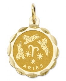 Tell everyone your sign in style! This scalloped and polished disc charm features the Aries Zodiac in 14k gold. Chain not included. Approximate length: 9/10 inch. Approximate width: 3/5 inch. Tell everyone your sign in style! This scalloped and polished disc charm features the Aries Zodiac in 14k gold. Chain not included. Approximate length: 9/10 inch. Approximate width: 3/5 inch.