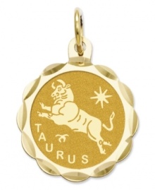 Tell everyone your sign in style! This scalloped and polished disc charm features the Taurus Zodiac in 14k gold. Chain not included. Approximate length: 9/10 inch. Approximate width: 3/5 inch. Tell everyone your sign in style! This scalloped and polished disc charm features the Taurus Zodiac in 14k gold. Chain not included. Approximate length: 9/10 inch. Approximate width: 3/5 inch.