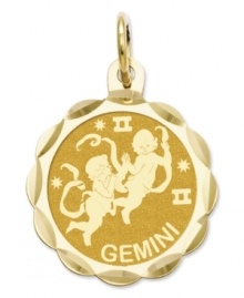 Tell everyone your sign in style! This scalloped and polished disc charm features the Gemini Zodiac in 14k gold. Chain not included. Approximate length: 9/10 inch. Approximate width: 3/5 inch. Tell everyone your sign in style! This scalloped and polished disc charm features the Gemini Zodiac in 14k gold. Chain not included. Approximate length: 9/10 inch. Approximate width: 3/5 inch.