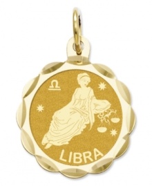 Tell everyone your sign in style! This scalloped and polished disc charm features the Libra Zodiac in 14k gold. Chain not included. Approximate length: 9/10 inch. Approximate width: 3/5 inch. Tell everyone your sign in style! This scalloped and polished disc charm features the Libra Zodiac in 14k gold. Chain not included. Approximate length: 9/10 inch. Approximate width: 3/5 inch.
