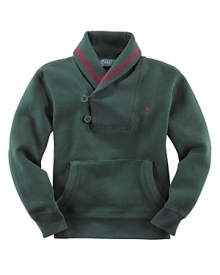 Warm cotton fleece is highlighted with a cozy shawl collar and signature pony embroidery. Warm cotton fleece is highlighted with a cozy shawl collar and signature pony embroidery.