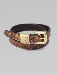 Supple, snake-print leather in a chic, double-wrap design with a logo accented buckle and rhinestone detailed, pyramid keeper. Snake-print leatherBrass and zincGlass stonesLength, about 16Buckle closureImported Supple, snake-print leather in a chic, double-wrap design with a logo accented buckle and rhinestone detailed, pyramid keeper. Snake-print leatherBrass and zincGlass stonesLength, about 16Buckle closureImported