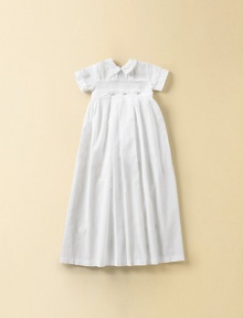 Perfect for this special day, a collared christening gown with smocking and button detail. Comes with matching hat Detachable pleated gown Pleated legs on suit Back button closure Cotton; dry clean Imported FIT RECOMMENDATION: Please note that this style runs small. Perfect for this special day, a collared christening gown with smocking and button detail. Comes with matching hat Detachable pleated gown Pleated legs on suit Back button closure Cotton; dry clean Imported FIT RECOMMENDATION: Please note that this style runs small.