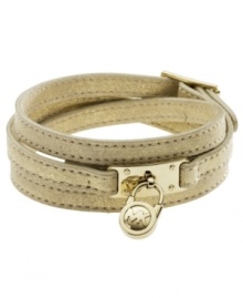 Three's the magic number with this chic bracelet from Michael Kors. Crafted from triple-wrapped gold metallic leather with a padlock-inspired, gold tone brass accent. Approximate length: 25 inches. Three's the magic number with this chic bracelet from Michael Kors. Crafted from triple-wrapped gold metallic leather with a padlock-inspired, gold tone brass accent. Approximate length: 25 inches.
