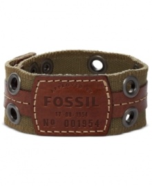 Become a one-man style army with this bracelet from Fossil. It's made from olive-colored canvas with leather details for extra-rugged appeal. Adjusts to fit wrist. Approximate length: 7-7-3/4 inches. Become a one-man style army with this bracelet from Fossil. It's made from olive-colored canvas with leather details for extra-rugged appeal. Adjusts to fit wrist. Approximate length: 7-7-3/4 inches.