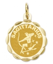 Tell everyone your sign in style! This scalloped and polished disc charm features the Sagittarius Zodiac in 14k gold. Chain not included. Approximate length: 9/10 inch. Approximate width: 3/5 inch.