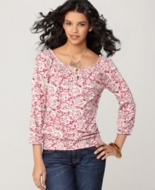 This easy printed top from Lucky Brand Jeans features a smocked scoop neckline you can wear off the shoulders as the weather warms. The batik-inspired floral print is so boho-chic, too! This easy printed top from Lucky Brand Jeans features a smocked scoop neckline you can wear off the shoulders as the weather warms. The batik-inspired floral print is so boho-chic, too!
