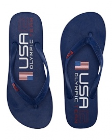 A comfortable thong sandal is crafted with sturdy rubber straps and bold country graphics, celebrating Team USA's participation in the 2012 Olympic Games. A comfortable thong sandal is crafted with sturdy rubber straps and bold country graphics, celebrating Team USA's participation in the 2012 Olympic Games.