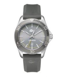 Lacoste's mellow color palette lends cool, calm style to this Sport Navigator design. Textured gray rubber strap and round stainless steel case. Gray dial white stick indices, luminous hands, date window at six o'clock, iconic crocodile logo and yellow second hand and accent ring. Quartz movement. Water resistant to 50 meters. Two-year limited warranty. Lacoste's mellow color palette lends cool, calm style to this Sport Navigator design. Textured gray rubber strap and round stainless steel case. Gray dial white stick indices, luminous hands, date window at six o'clock, iconic crocodile logo and yellow second hand and accent ring. Quartz movement. Water resistant to 50 meters. Two-year limited warranty.