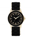 Wear it sporty or wear it stylishly: the Pelly watch by Marc by Marc Jacobs. Black silicone-wrapped stainless steel bracelet and round gold ion-plated case. Bezel with black silicone ring. Black dial features applied goldtone numerals at twelve, three, six and nine o'clock, dot markers, three goldtone hands and logo ring at inner dial. Quartz movement. Water resistant to 30 meters. Two-year limited warranty.