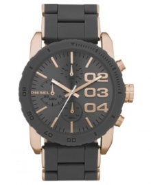 Cool grays and warm roses strike a modern balance on this durable chronograph watch by Diesel. Cool grays and warm roses strike a modern balance on this durable chronograph watch by Diesel.