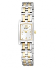 Elegant architecture makes a stylish statement. Goldtone and silvertone stainless steel bracelet and case. White dial with logo and polished goldtone indexes and indicators. Two hands. Solar powered movement. Splash resistant. Five-year limited warranty.