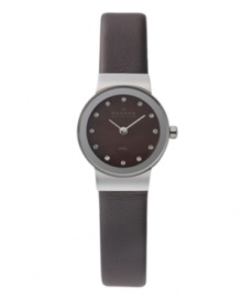 Simplicity yields elegance. Watch by Skagen Denmark crafted of brown leather strap and round stainless steel case with shiny mirrored bezel. Brown mother-of-pearl dial features crystal accents at markers, two silver tone hands and logo. Quartz movement. Water resistant to 30 meters. Limited lifetime warranty. Simplicity yields elegance. Watch by Skagen Denmark crafted of brown leather strap and round stainless steel case with shiny mirrored bezel. Brown mother-of-pearl dial features crystal accents at markers, two silver tone hands and logo. Quartz movement. Water resistant to 30 meters. Limited lifetime warranty.